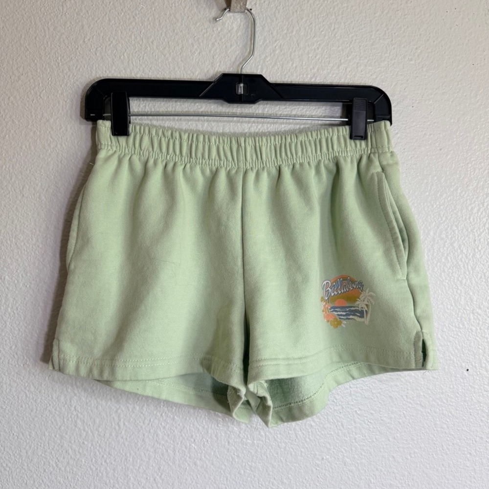Billabong Womens Mint Green Fleece Sweat Shorts Graphic Logo High Rise Size M